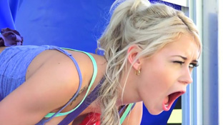 Crazy Blonde Chick Fucks in Hot Dog Mobile Van in Public Place